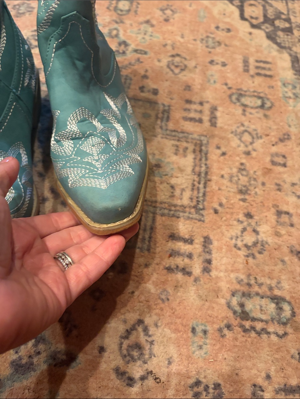 Teal Western Cowboy Boots with white Stitching - Picture 8 of 9